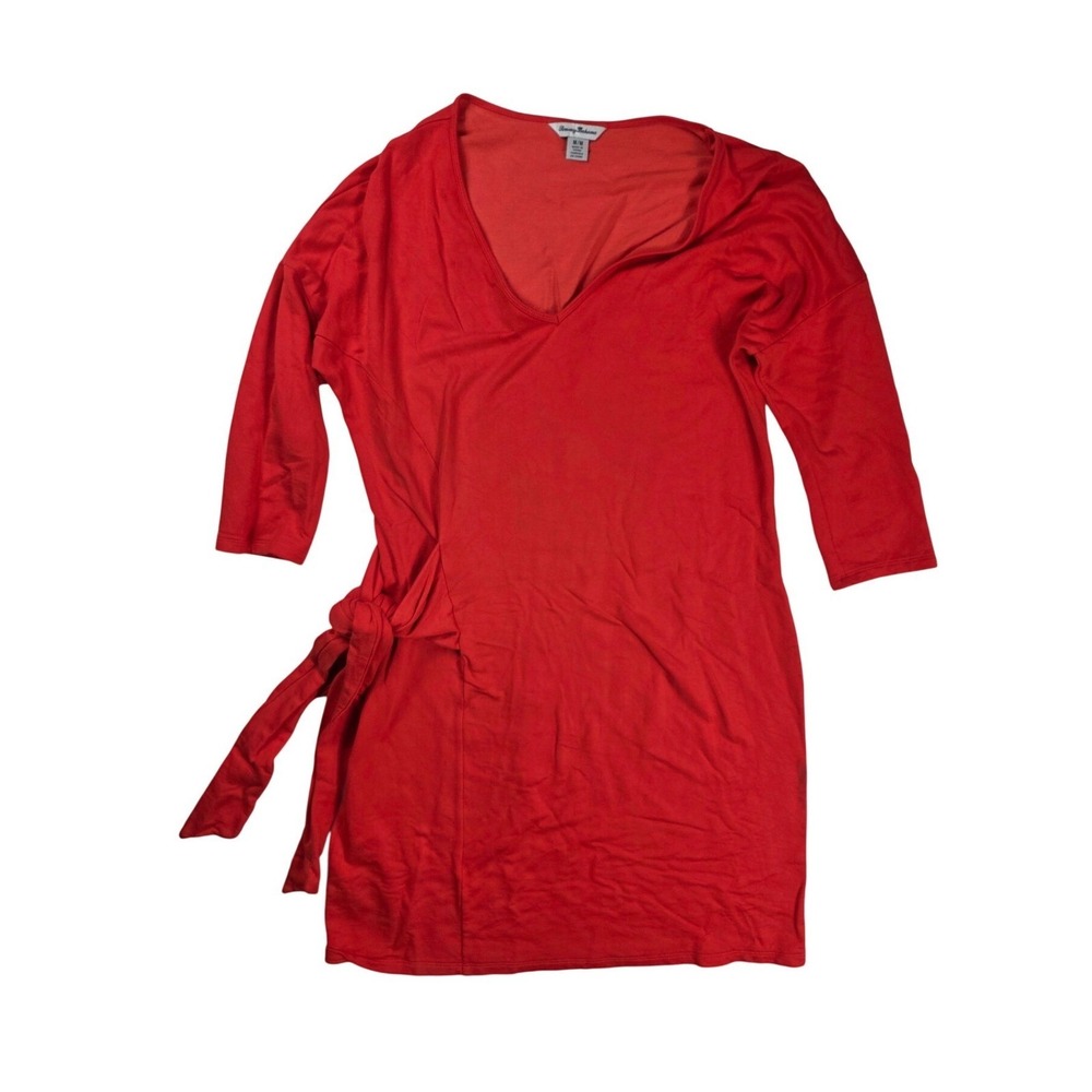 Tommy Bahama Poppy Red Silky French Terry Side Tie V Neck Dress Women's Medium